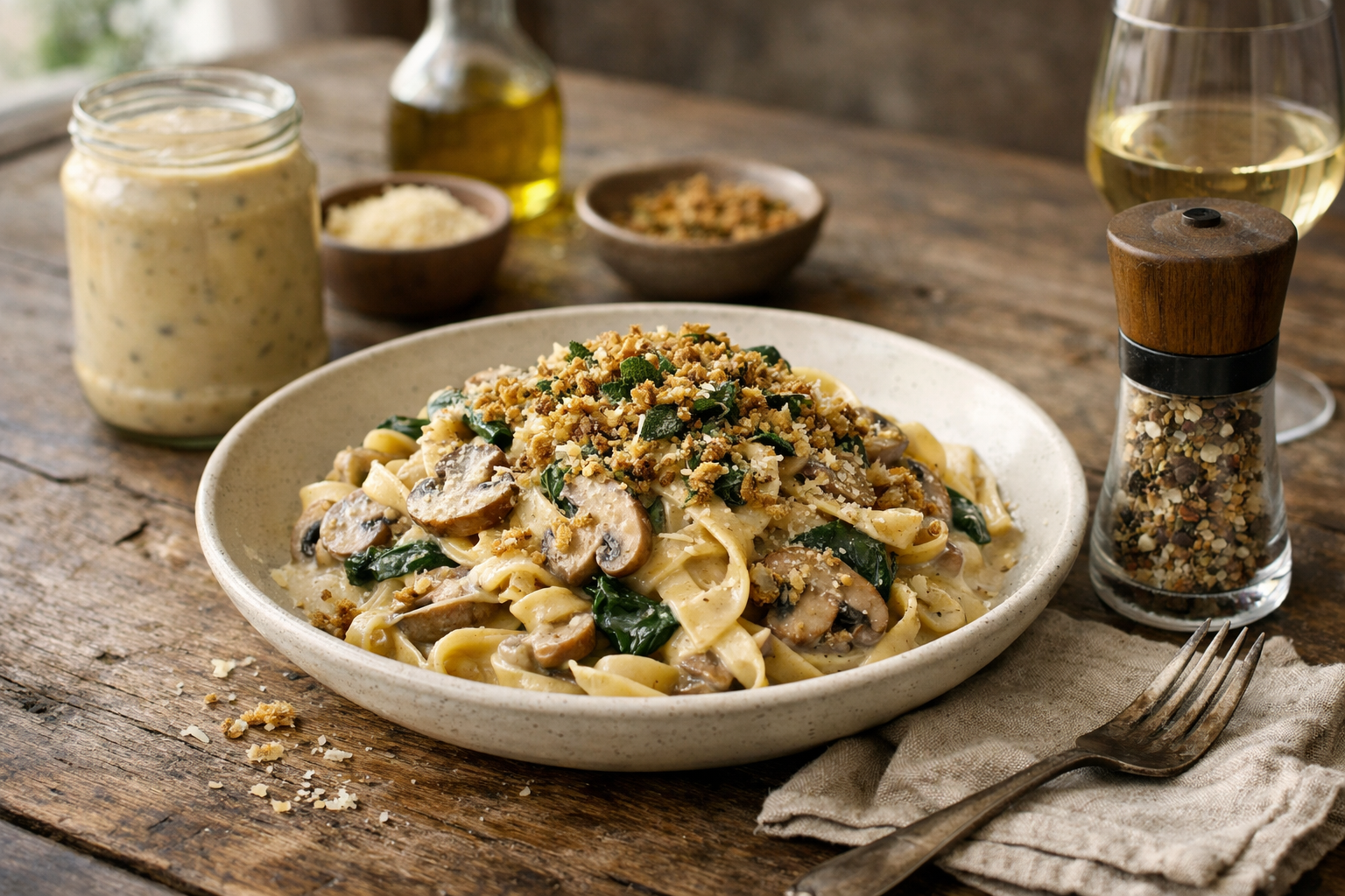 Creamy Mushroom & Chardonnay Pasta with Crispy Sage Crumbs