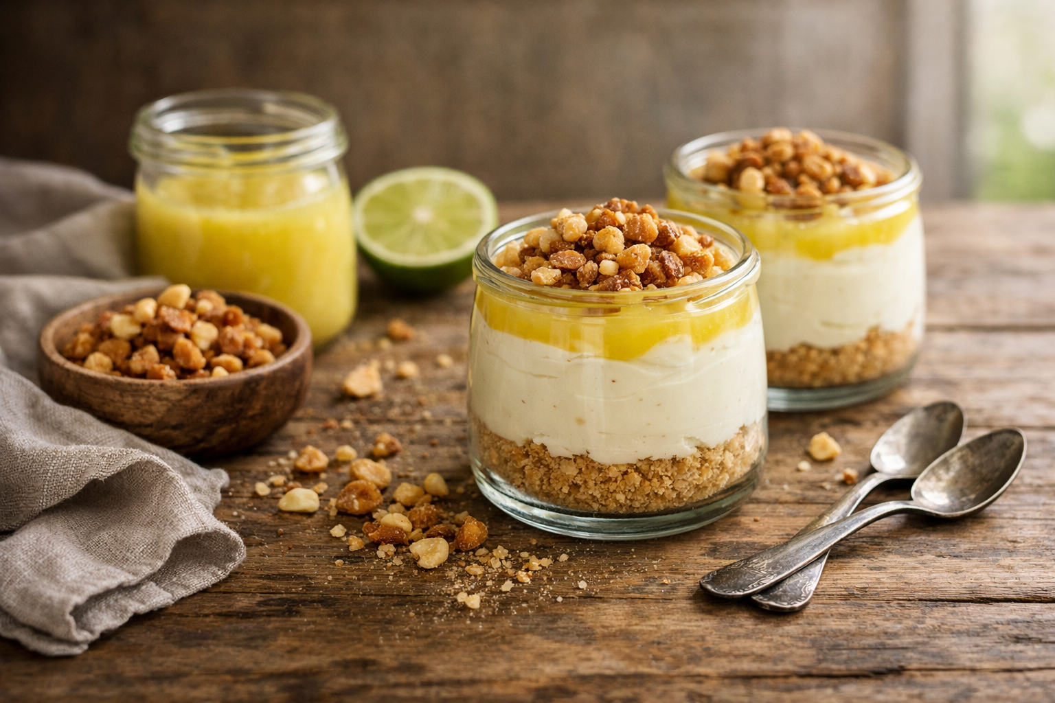 Lime Butter Cheesecake Jars with Candied Macadamia Crunch