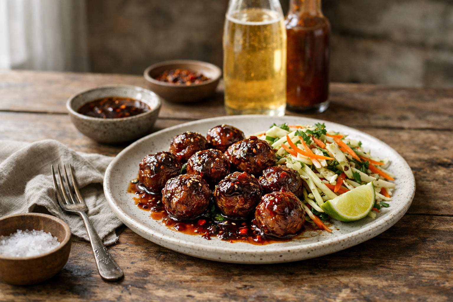 Sticky Whisky-Chilli Pork Meatballs with Apple Slaw